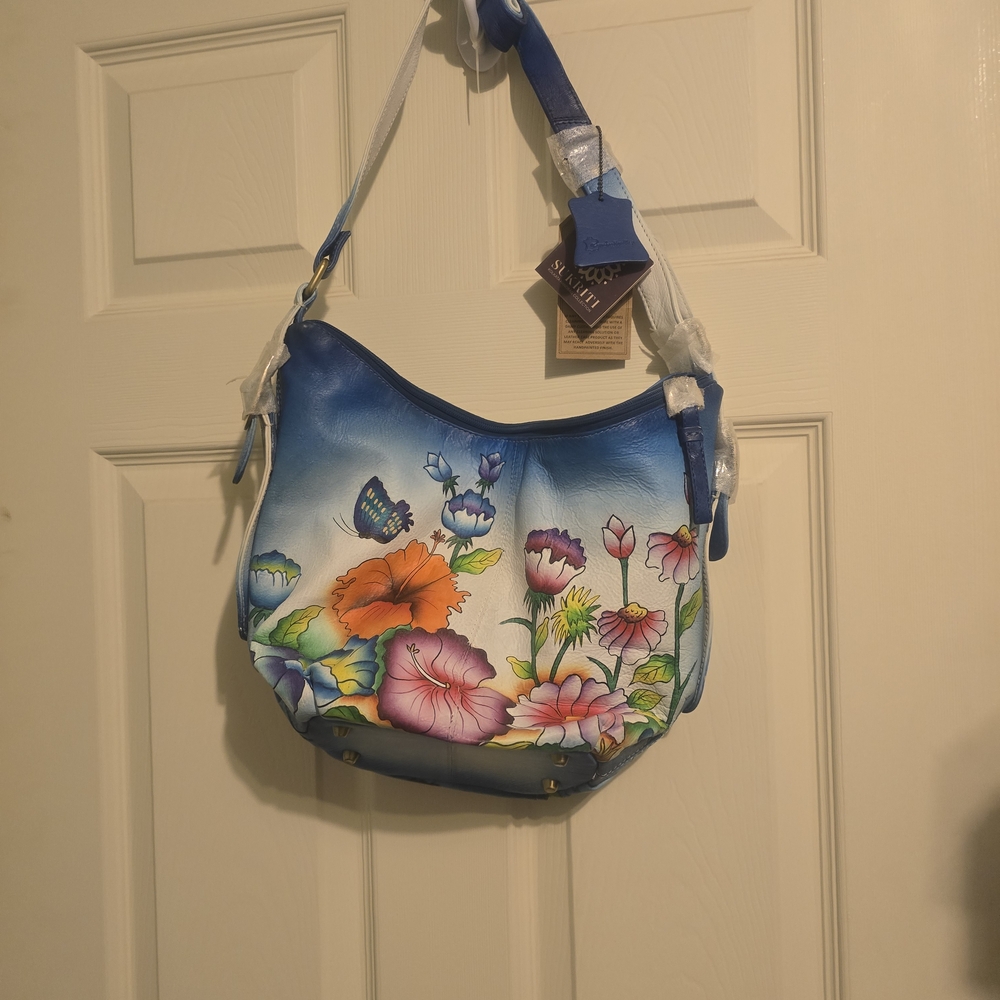 Floral Blue Leather Shoulder Bag